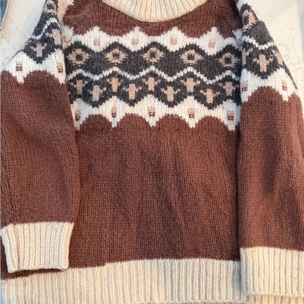 aerie Brown and Cream Fair Isle Crewneck Sweater